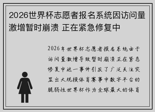 2026世界杯志愿者报名系统因访问量激增暂时崩溃 正在紧急修复中 2026世界杯志愿者报名系统因访问量激增暂时崩溃 正在紧急修复中